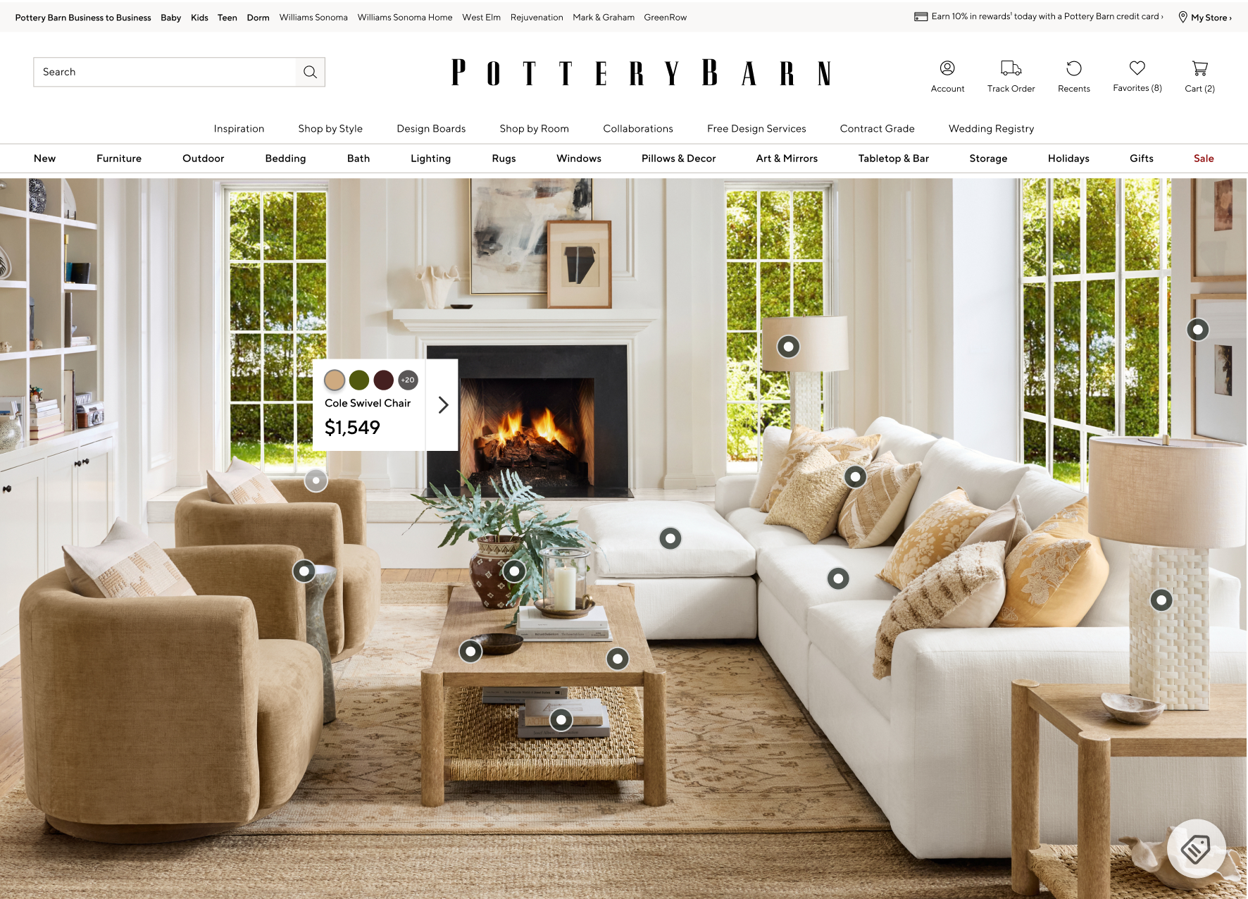 Pottery Barn interactive product nodes on hero